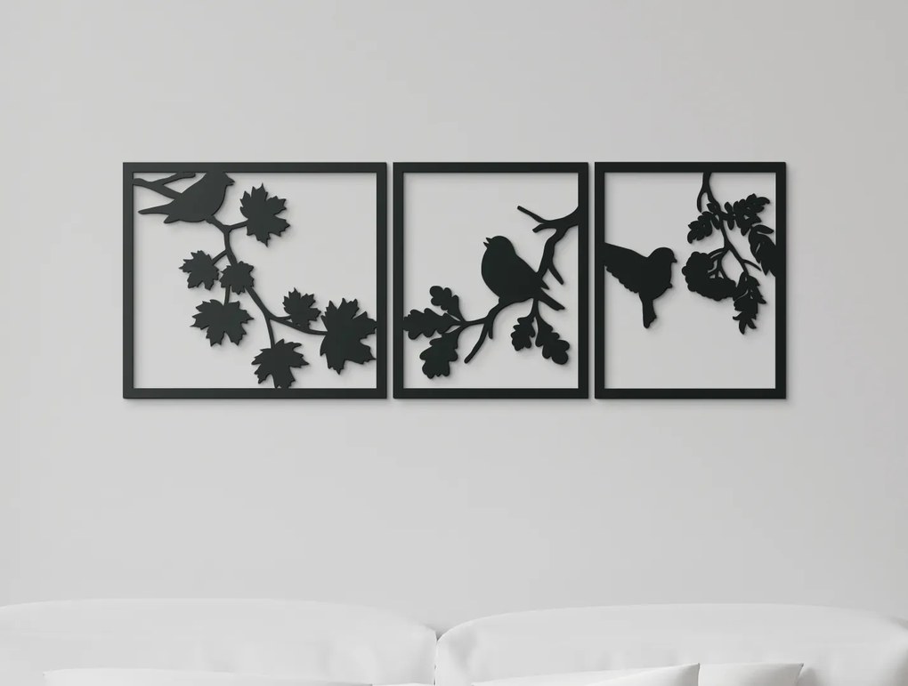 drevko Viacdielny obraz Vtáčí triptych Rozmer obrazu: 22,5 x 65 cm, Farba dekorácie: Čierna