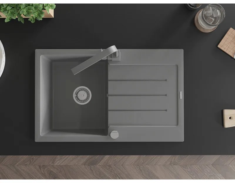 Mexen Bruno, drez granitový 795x495x200 mm, 1-komorový, šedá s chrómovým sifónom a šedá drezová batéria Rita, 6513-71-670300-71