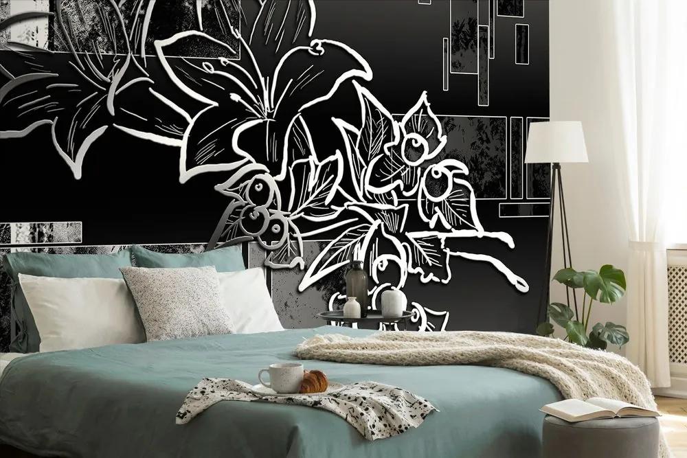Tapeta čiernobiela kvetinová ilustrácia - 300x200