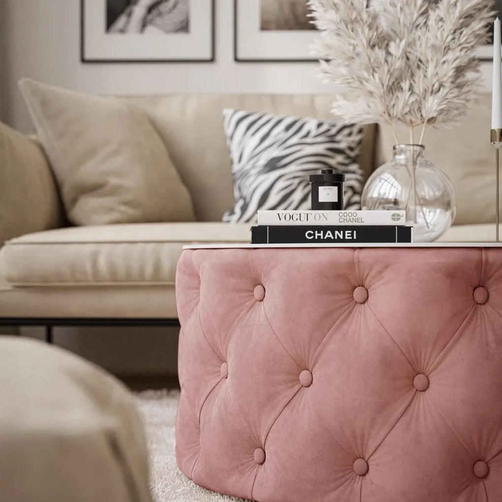 KONFERENČNÝ STOLÍK CARLY 70 cm CHESTERFIELD + BIELE SKLO FRENCH VELVET 682