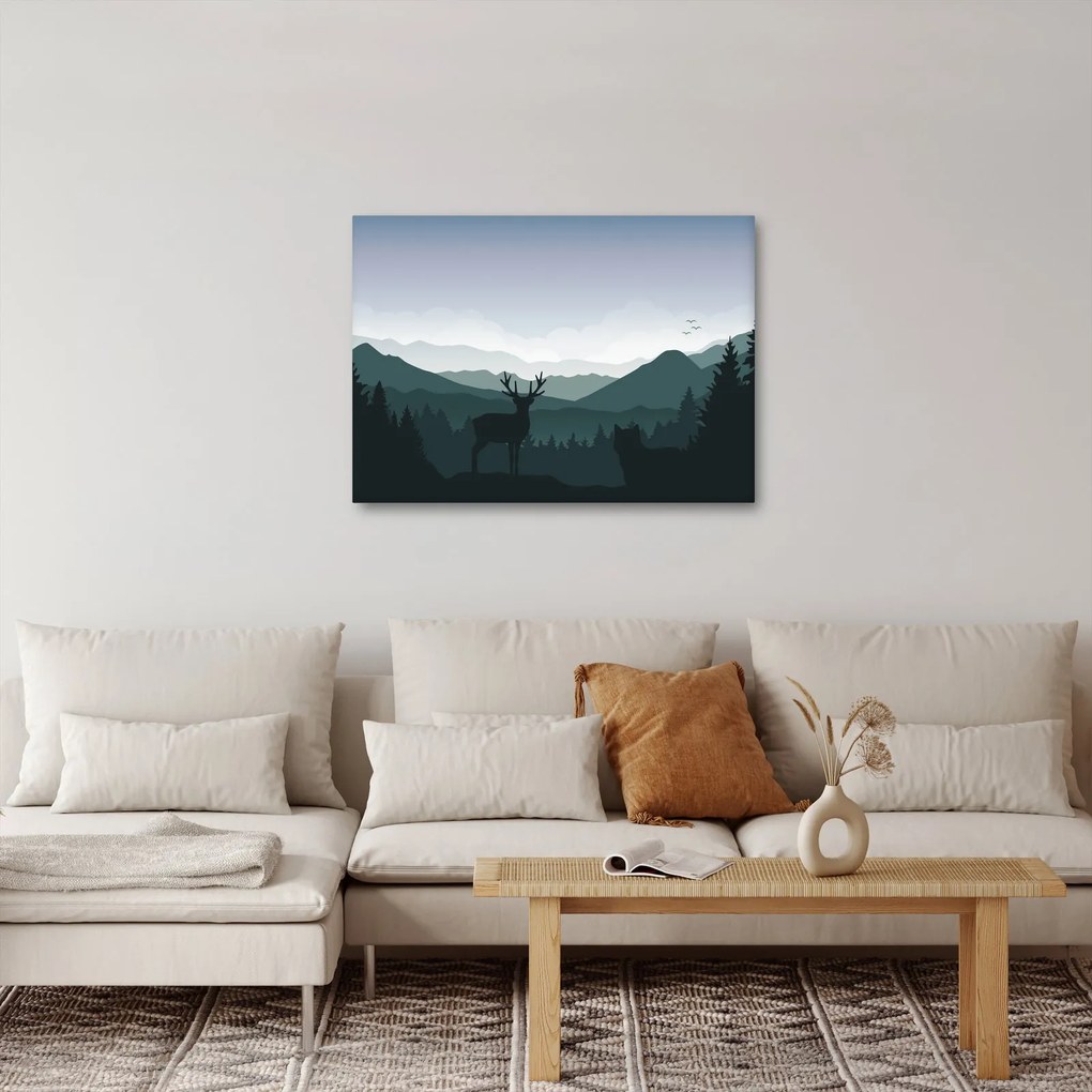 Obraz - Jeleň s vlkom v skalách (70x50 cm)