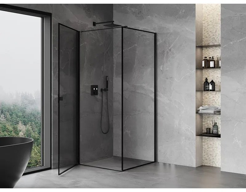 Mexen Mist-B, 1-krídlový výklopný sprchový kút ľavý 80 x 80 cm, číre sklo-čierny rám, 8A2T-080-080-70-70-L