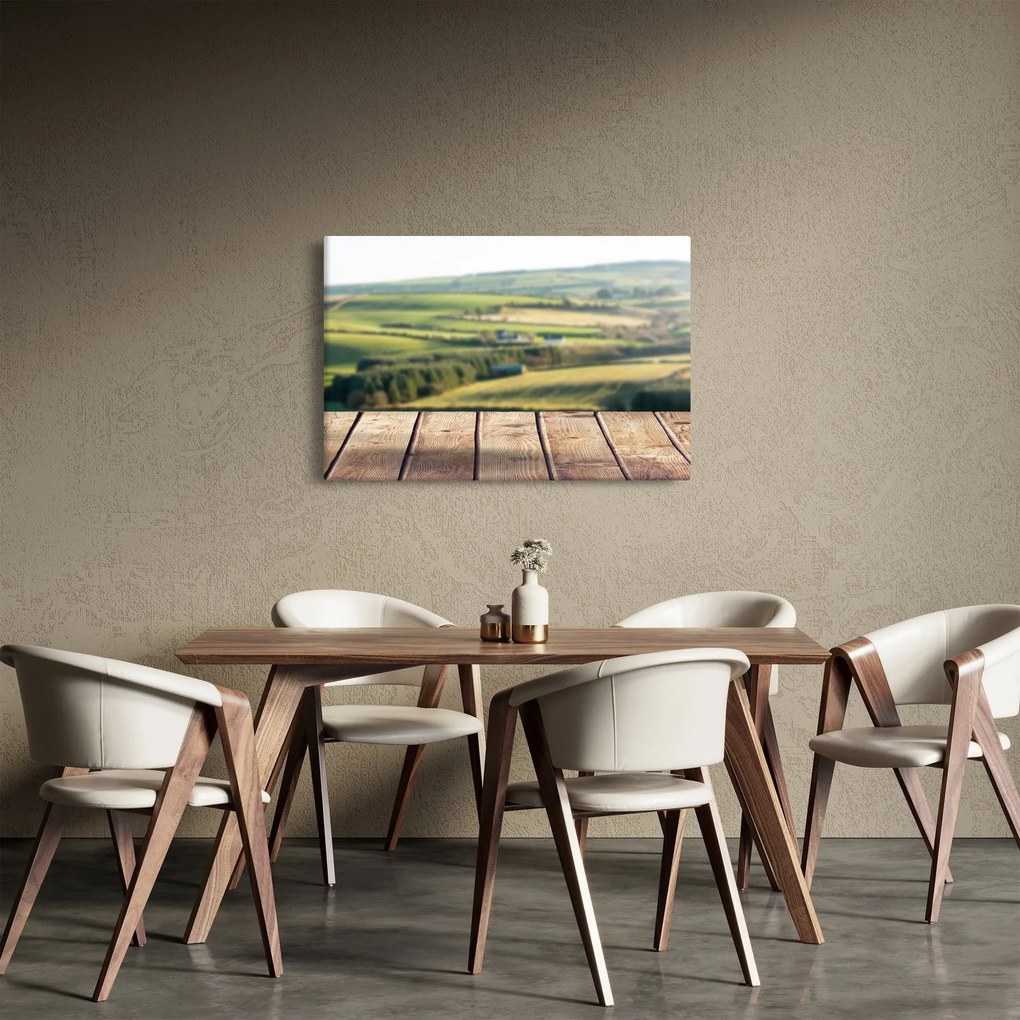 Obraz - Drevená polica s krajinou (90x60 cm)