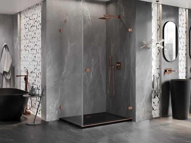 Mexen Lunar-B, pravostranný výklopný sprchový kút 90 x 80 cm, 8mm číre sklo, profil medená matná, 832-090-080-65-00-P