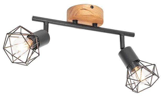 Reflektor čierny s drevom otočný a naklápateľný 2-svetlo - Mosh