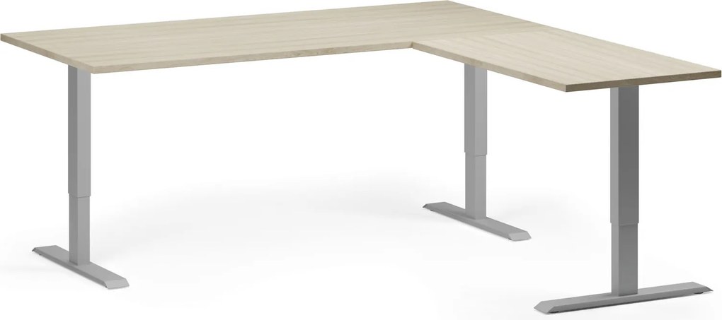 Výškovo nastaviteľný stôl, 180x180 cm, 3 motory, L/P, sivá podnož, dub prírodný