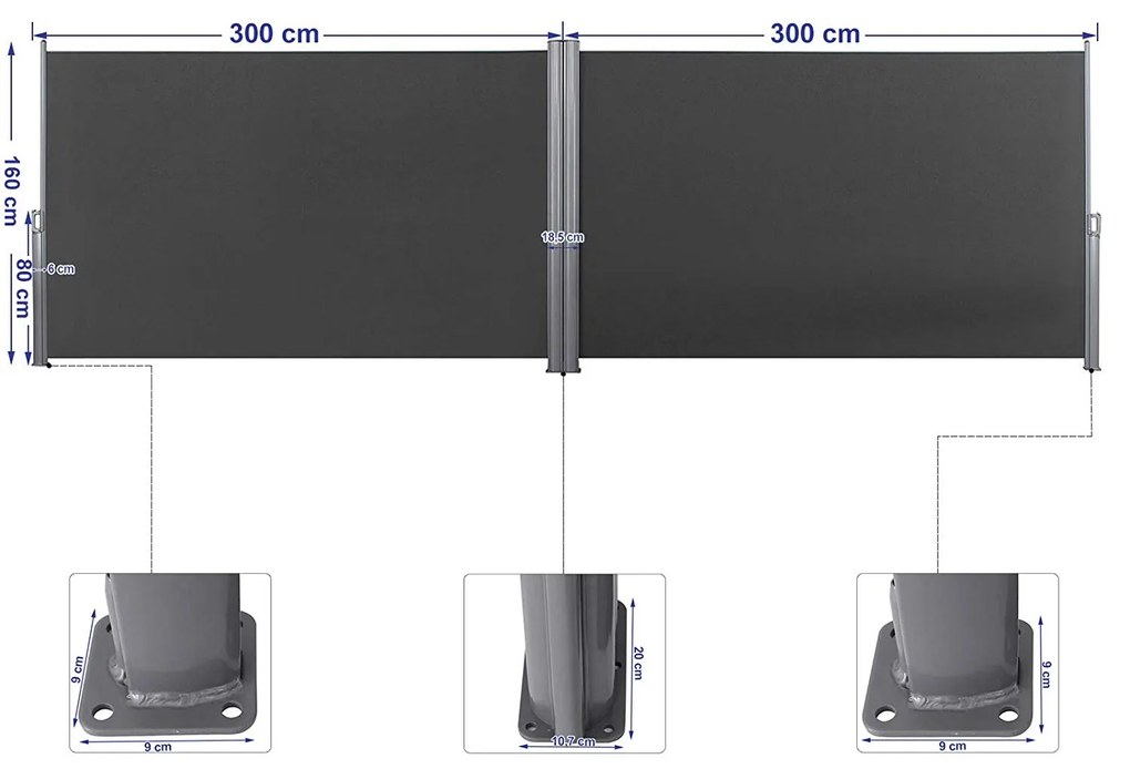 Obojstranná bočná markíza 160x600 cm dymovo sivá