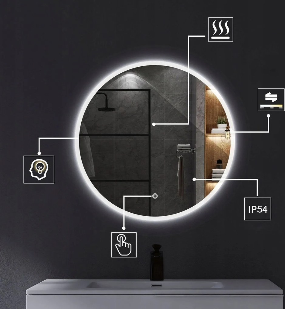 Okrúhle zrkadlo SMART 90 cm - s LED podsvietením a vyhrievaním