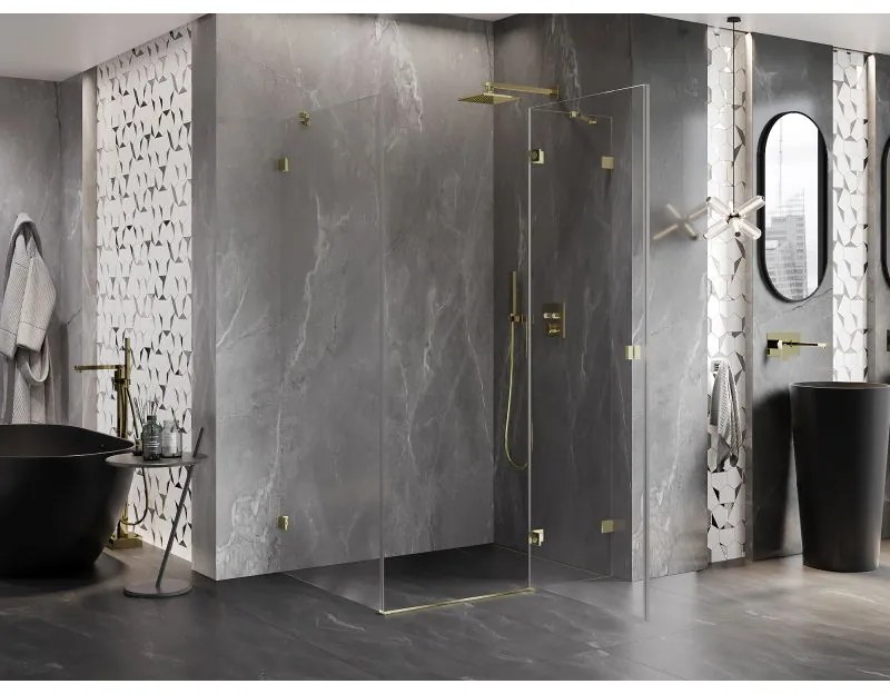 Mexen Lunar, pravostranný výklopný sprchový kút 70 x 90 cm, číre sklo, zlatý profil, 834-070-090-50-00-P