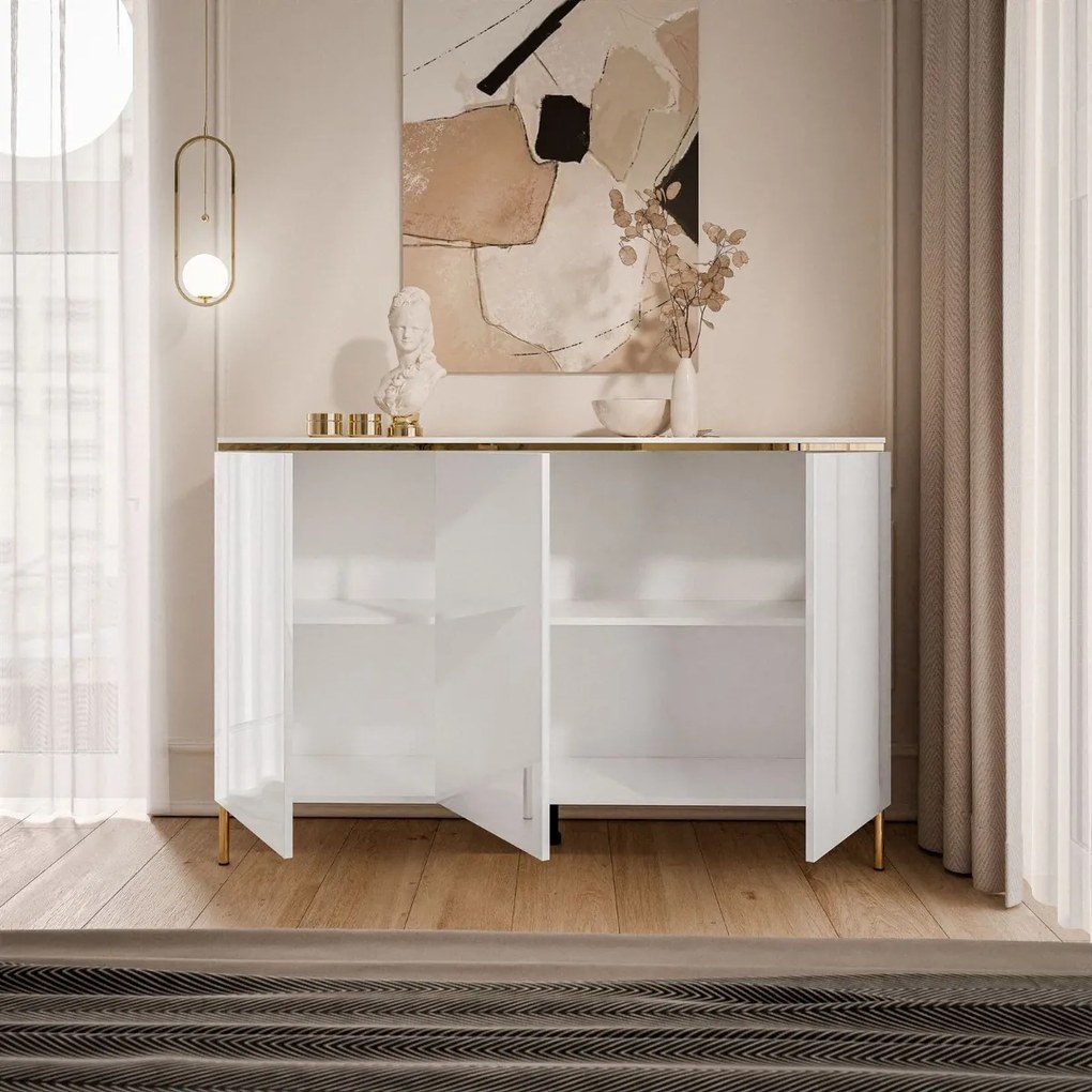 KOMODA NESSIE 2 TROJDVEROVÁ BIELY LESK + ZLATÁ 140 cm