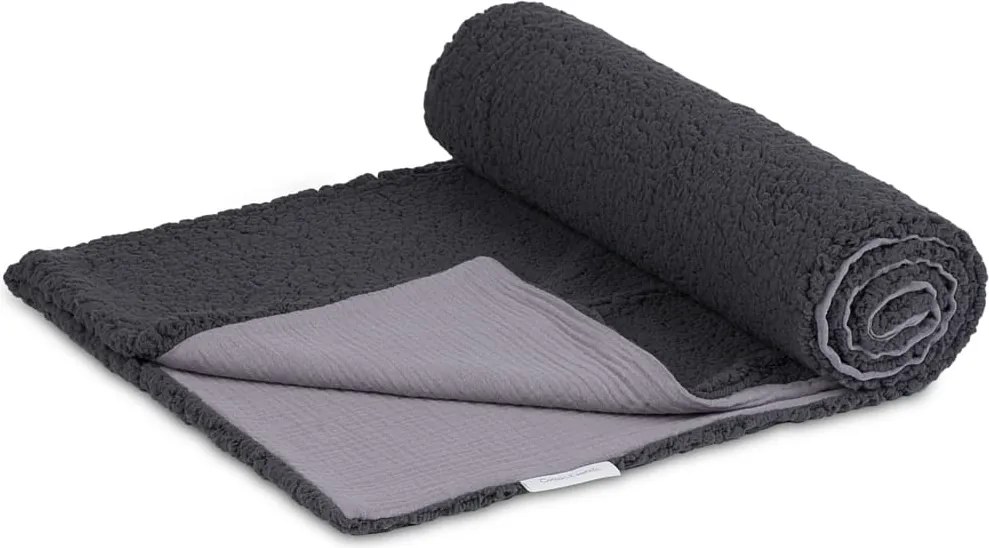 Obojstranný prehoz z mušelínu a umelej kožušiny tmavo šedá 140x200 cm