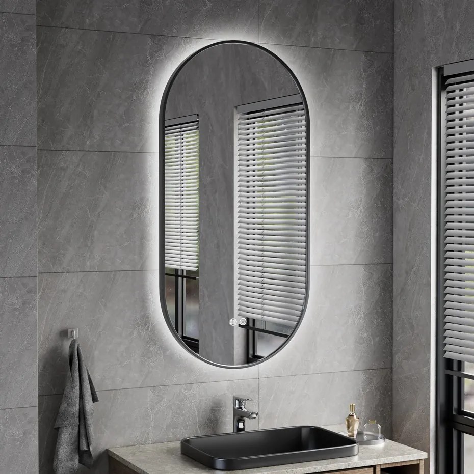 Erga Freya, oválne LED zrkadlo 50x100cm v čiernom kovovom ráme, 3 farby svetla, zadné osvetlenie, vyhrievacia podložka proti zapareniu, ERG-V01-FREYA-5010-BK