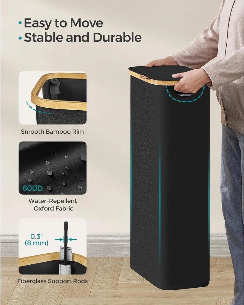 65l koš na prádlo s viečkom, úzky dizajn, 42 × 22,5 × 70,5 cm, čierny