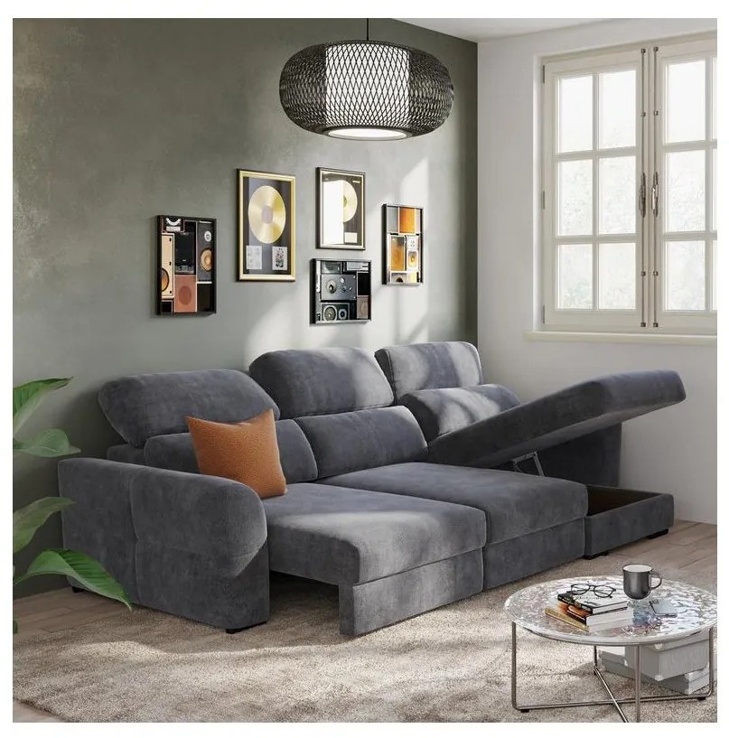 Univerzálna rohová rozkladacia trojmiestna pohovka s úložným priestorom TRENTO antracit