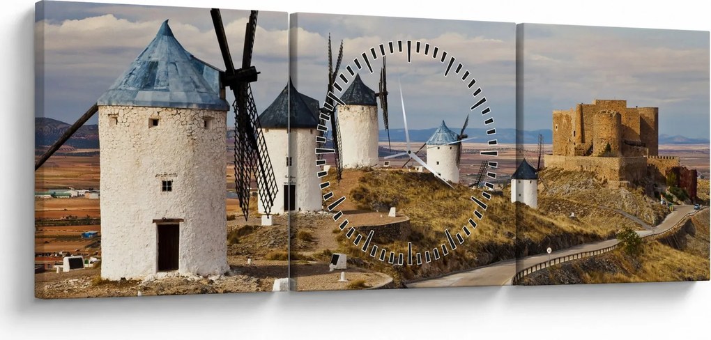 Obraz - Veterné mlyny Consuegra, Španielsko (s hodinami) (90x30 cm)