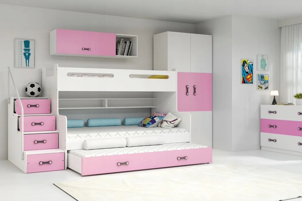 Interbeds Poschodová posteľ MAX 3 + 3x matrace 200x120 ružovo-biela 2025