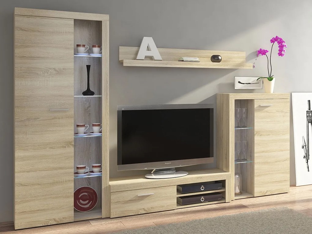Obývacia stena Rodos, Farby: biela + beton svetlý, Osvetlenie: osvetlenie LED