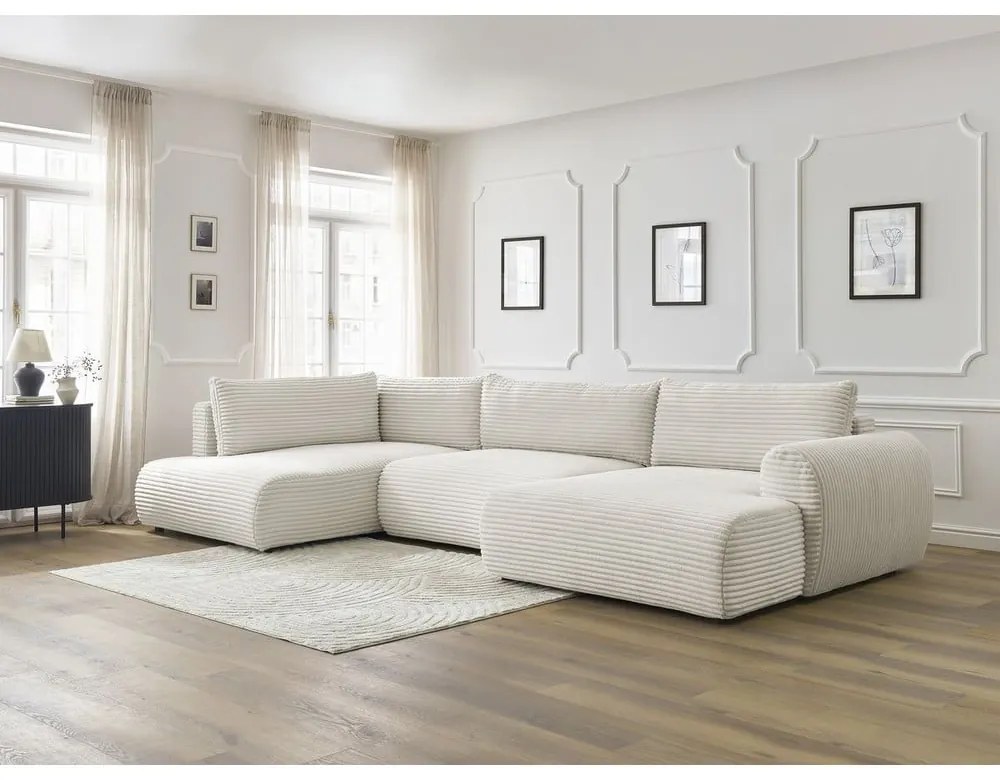 Krémová menčestrová rozkladacia rohová pohovka (pravý roh/do "U") Lucien – Bobochic Paris