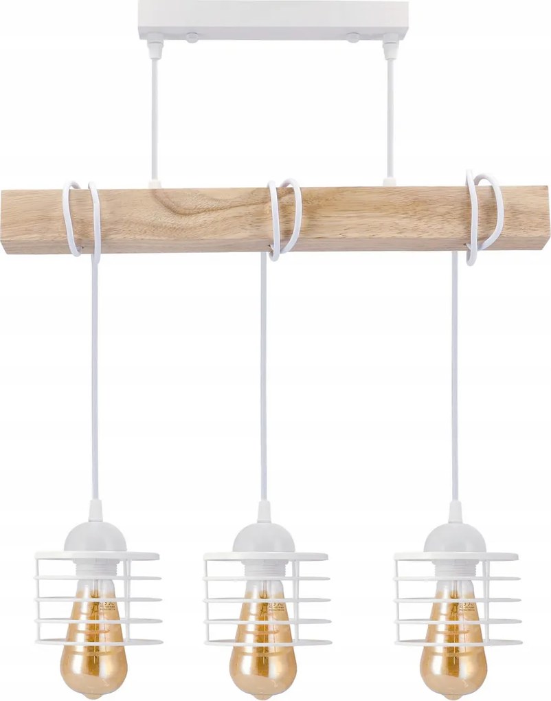 BERGE LED závesné stropné svietidlo, drevený trám, 3xE27, biela pružina