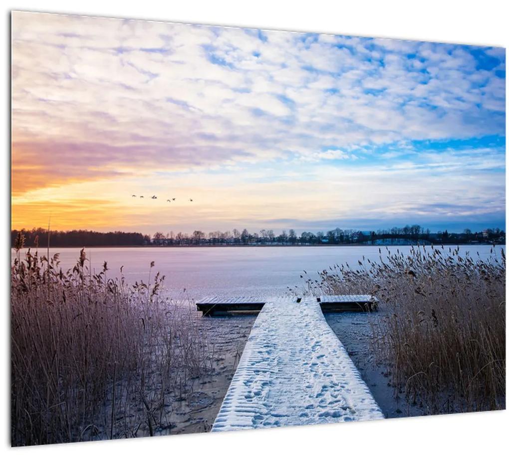 Sklenený obraz - Zamrznuté jazero, Ełk, Mazury, Poľsko (70x50 cm)