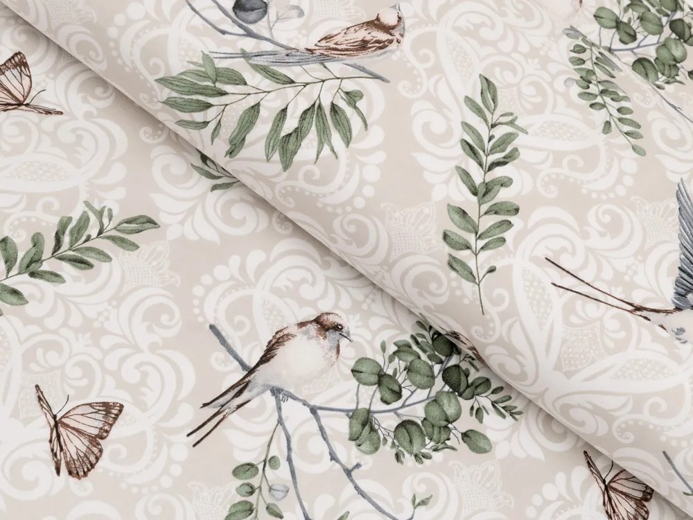 Biante Bavlnený štvorcový obrus Sandra SA-490 Lastovičky s motýlikmi na béžovom ornamente 140x140 cm