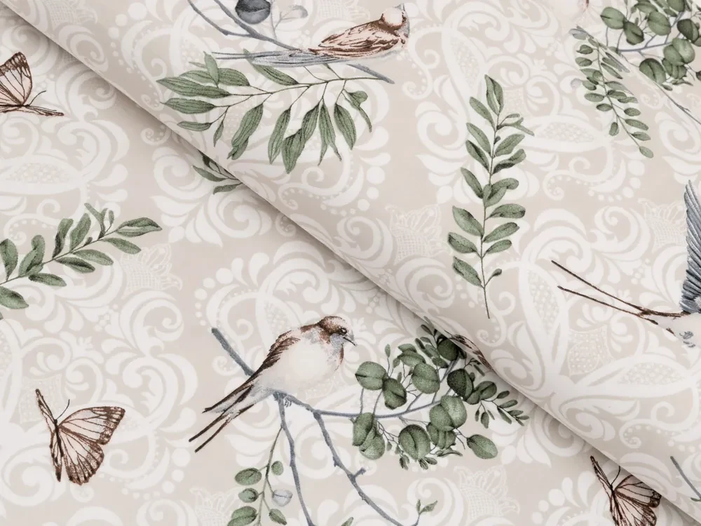Biante Detský bavlnený záves Sandra SA-490 Lastovičky s motýlikmi na béžovom ornamente 150x210 cm