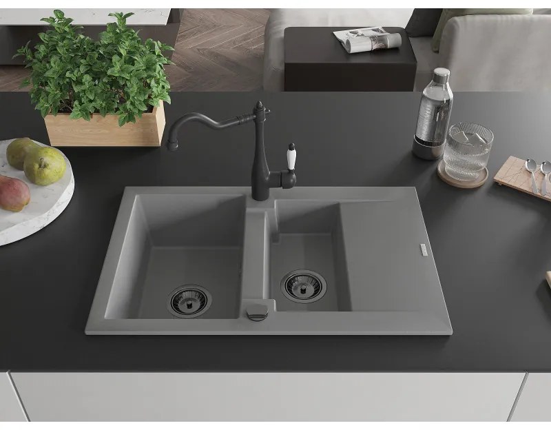 Mexen Gaspar, granitový drez 752x436x161 mm, 1,5-komorový a drezová batéria Carla, šedá, 6507-71-670700-70-B