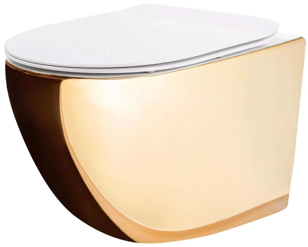 Rea CARLO mini - rimless závesná WC misa 49x37 s pomaly-padajúcim sedátkom, zlatá-biela, REA-C0669