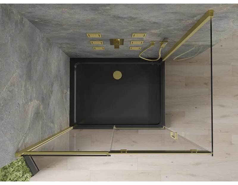 Mexen Omega, sprchový kút s posuvnými dverami 100 (dvere) x 80 (stena) cm, 8mm číre sklo, zlatý profil + slim sprchová vanička čierna + zlatý sifón, 825-100-080-50-00-4070G