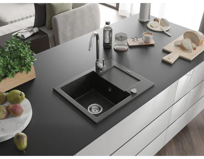 Mexen Enzo, granitový drez 576x465x174 mm, 1-komorový, chrómová batéria Telma, čierna-zlatá metalíza, 6506-75-670200-00