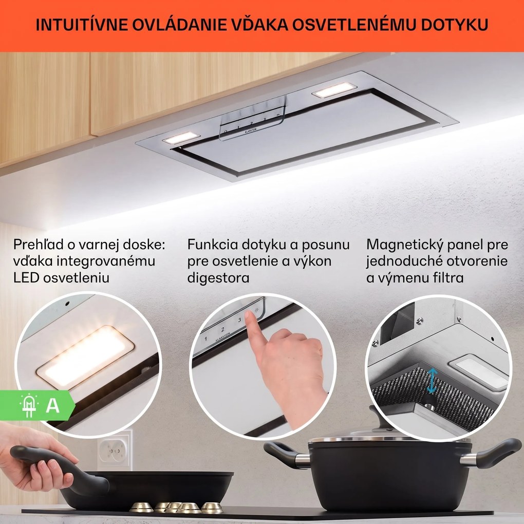Klarstein Camila, vstavaný digestor, 52 cm, 369 m³/h, LED, dotyková plocha, nehrdzavejúca oceľ