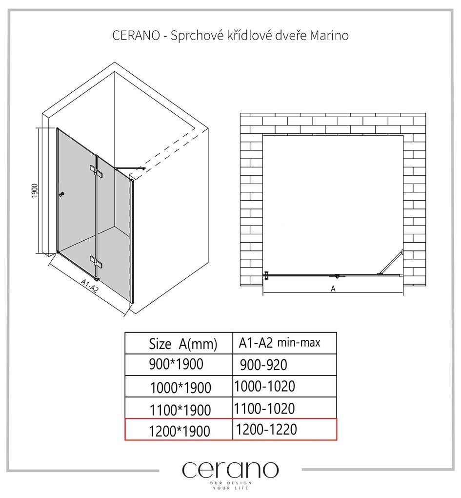 Cerano Marino, 1-krídlové delené sprchové dvere 120x190 cm, 6mm číre sklo, čierny profil, CER-CER-420249