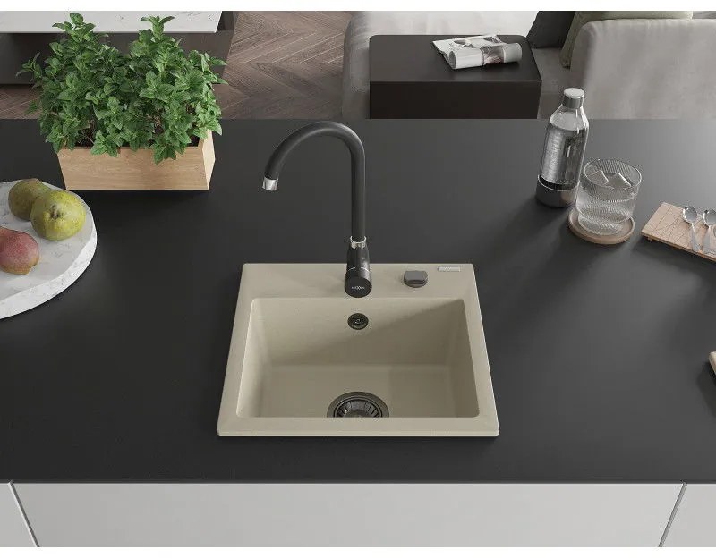 Mexen Milo, granitový drez 435x410x171 mm, 1-komorový, béžová s čiernym sifónom, 6505441000-69-B