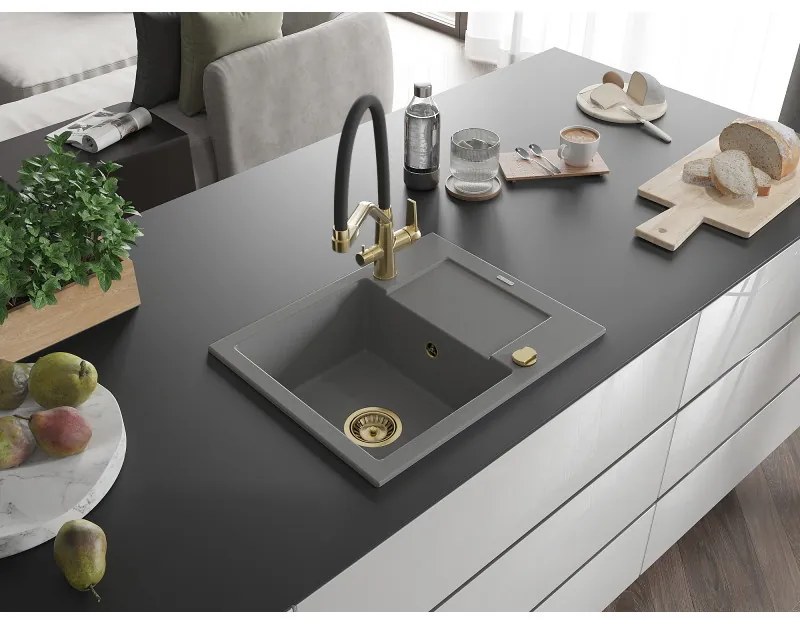 Mexen Enzo, granitový drez 576x465x174 mm, 1-komorový a drezová batéria Duo, šedá, 6506-71-671701-57-G