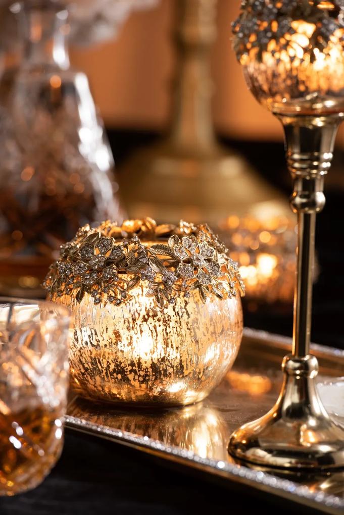 Sklenený svietnik na čajovú sviečku so strieborným zdobením a kamienky Luxy - Ø 8 * 8cm