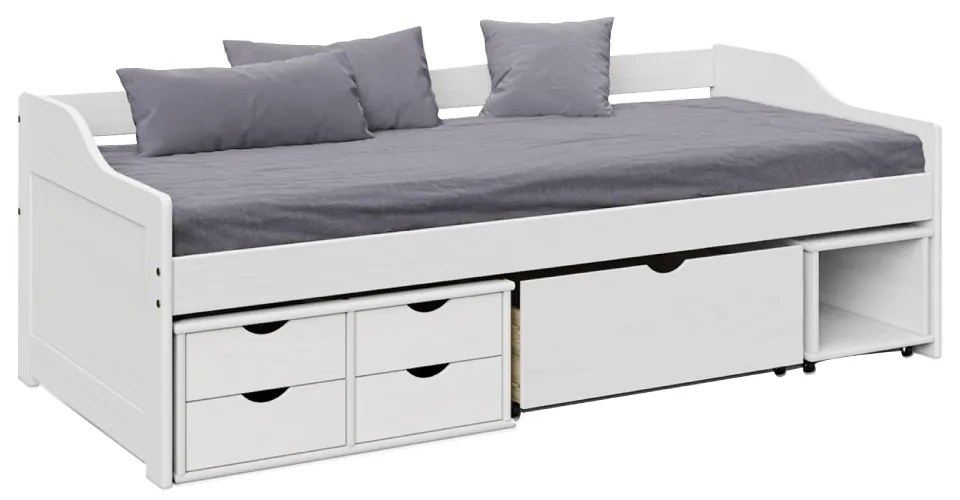 Posteľ s úložným priestorom, biela, masív, 90x200, MAXI NEW
