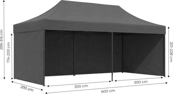 Samorozkladací párty stan so stenami v rôznych farbách 3 x 6 m sivá