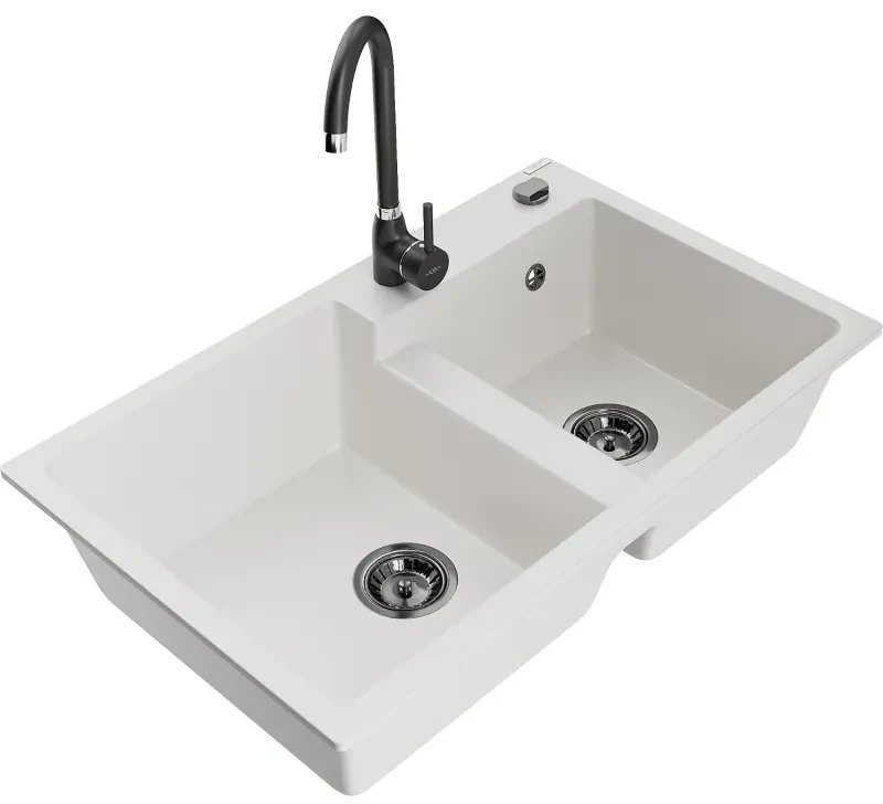 Mexen Tomas, granitový drez 800x500x190 mm, 2-komorový a čierna batéria Telma, biela, 6516-20-670200-70
