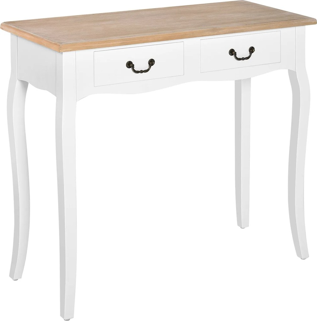 HOMCOM Konzolový stolík s 2 zásuvkami, Retro dizajn, do predsiene, chodby, obývačky, spálne, Borovica, 87x34x78,5 cm, Biela | Aosom