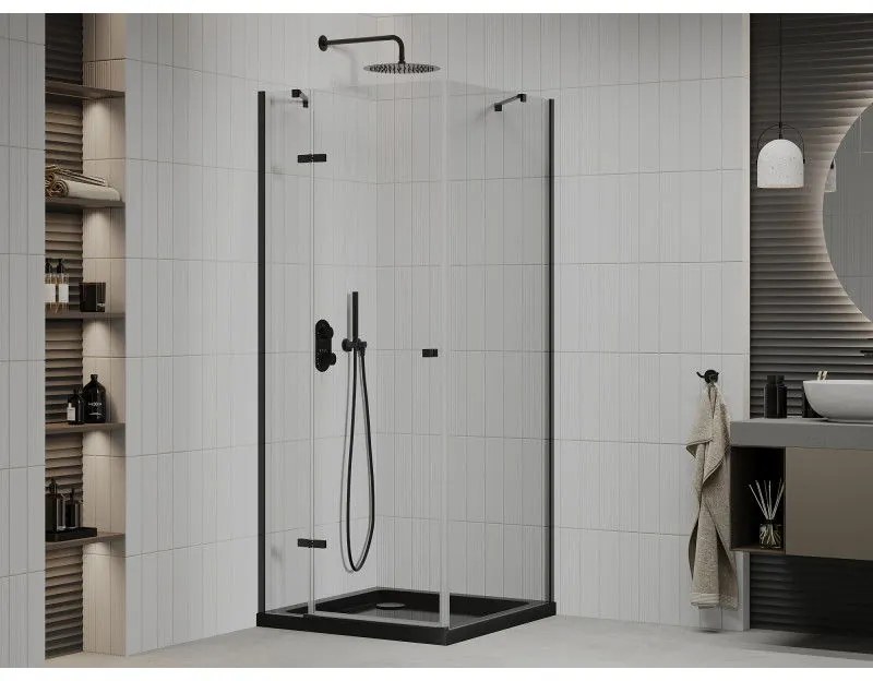 Mexen Roma, sprchovací kút s 1-krídlovými dverami 90 (dvere) x 90 (stena) cm, 6mm číre sklo, čierny profil, slim sprchová vanička 5cm čierna s čiernym sifónom, 854-090-090-70-00-4070B
