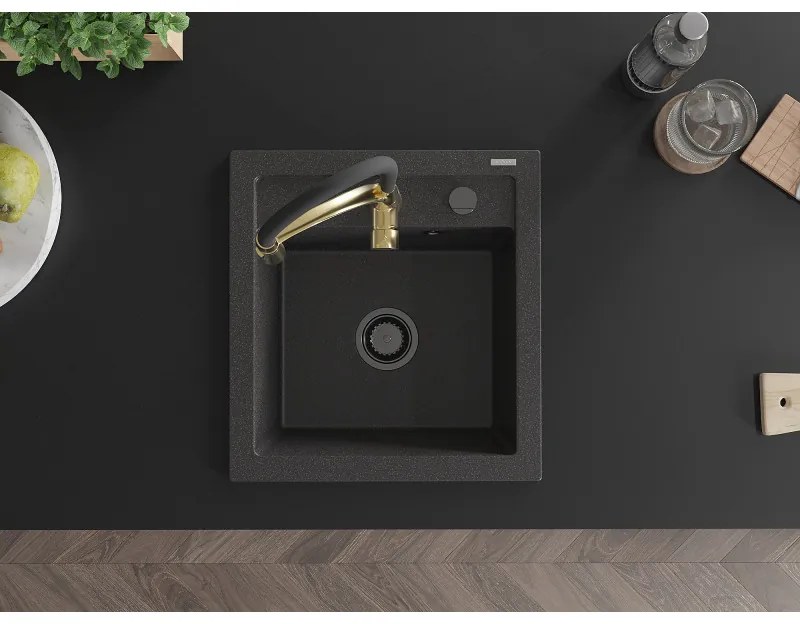 Mexen Vito, 1-komorový granitový drez 490x520x210 mm a drezová batéria Aster, čierna škvrnitá, 6503-76-73450-57-B