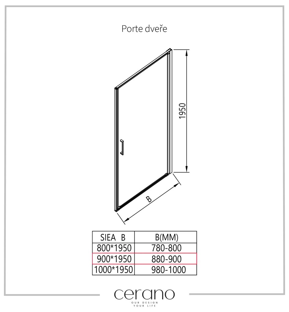 Cerano Porte, 1-krídlové sprchové dvere 90x195 cm, 8mm číre sklo, čierny profil, CER-CER-413492