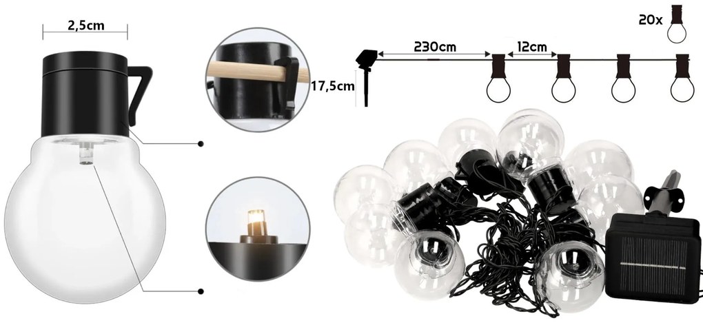 BERGE Solárna lampa 5m + 20 žiaroviek Garden Solar IP44 Vonkajšie