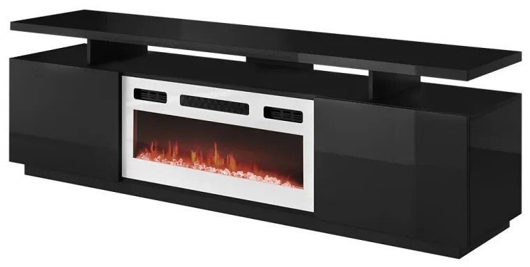 TV skrinka Aniceto s krbom, Osvetlenie: osvetlenie LED, Farby: čierny / čierny lesk, Krb: čierny