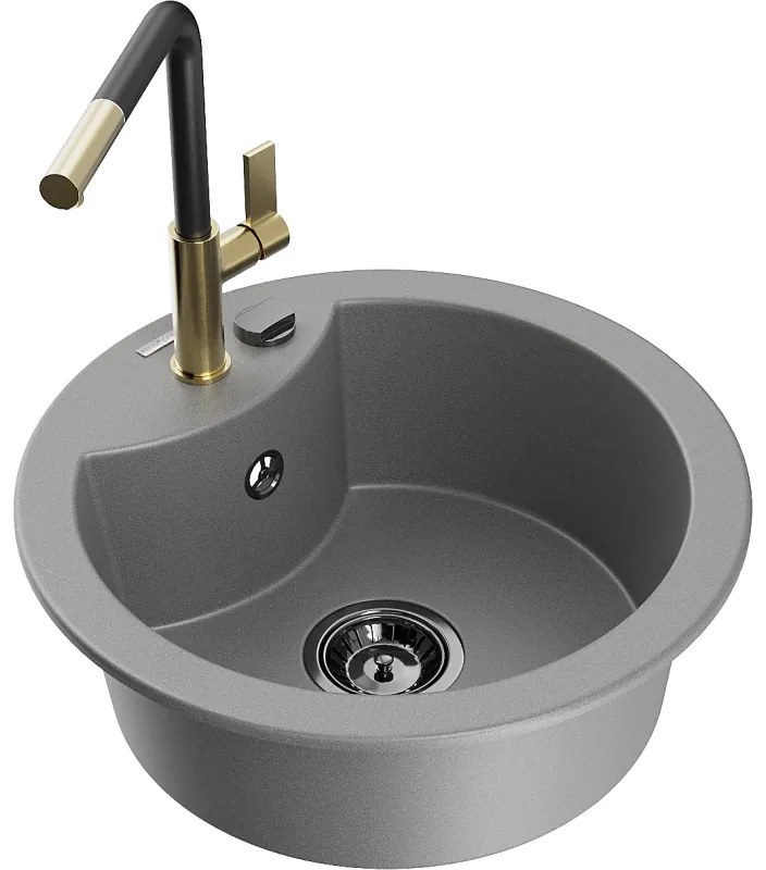 Mexen Diego, 1-komorový granitový drez 488x488x167 mm a drezová batéria Flora, šedá, 6512-71-670401-57-B