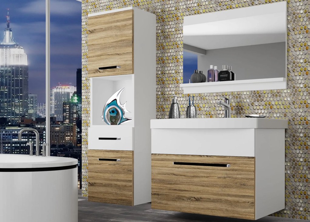 Kúpeľňový nábytok Belini dub sonoma / biely mat + umývadlo + zrkadlo ROD M 3/0/W/DSW/0/ZW