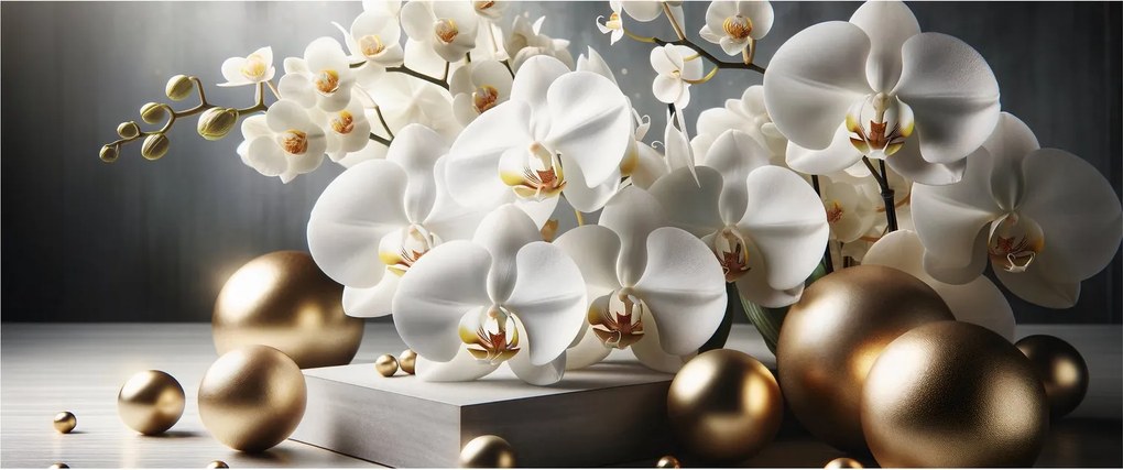Obraz - Orchidea a zlaté gule (120x50 cm)