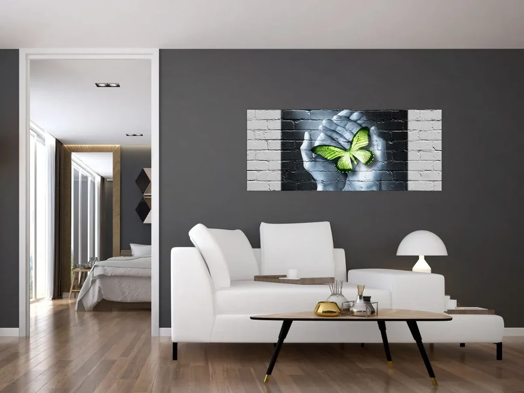 Obraz - Zelený motýľ v stene (120x50 cm)