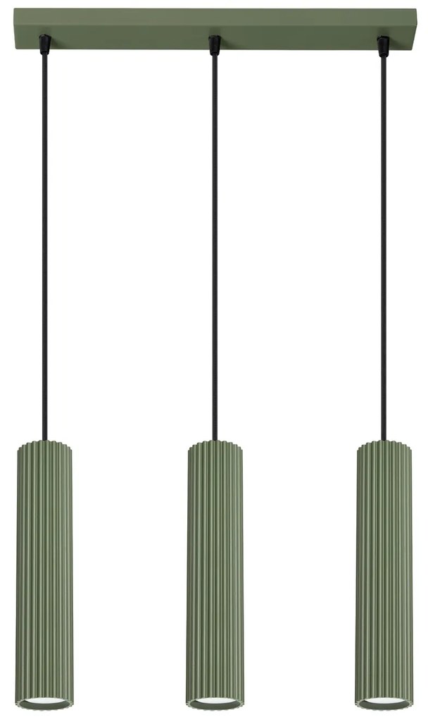 Závesné svietidlo Karbon, 3x olivovo zelené kovové tienidlo