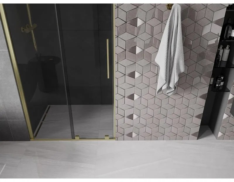 Mexen Velar, posuvné sprchové dvere do otvoru 100 cm, 8mm šedé sklo, zlatá matná, 871-100-000-41-55